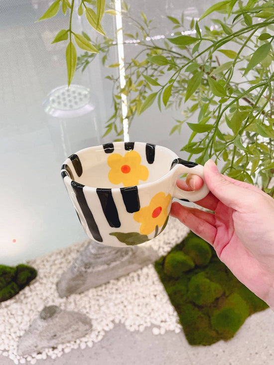 "Daisy" Handpainted Black Stripe Yellow Flower Ceramic Mug