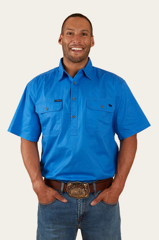 Pack Saddle Mens Short Sleeve Half Button Work Shirt - Blue