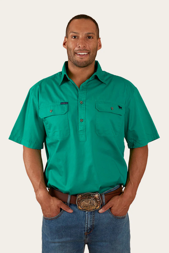 Pack Saddle Mens Short Sleeve Half Button Work Shirt - Green