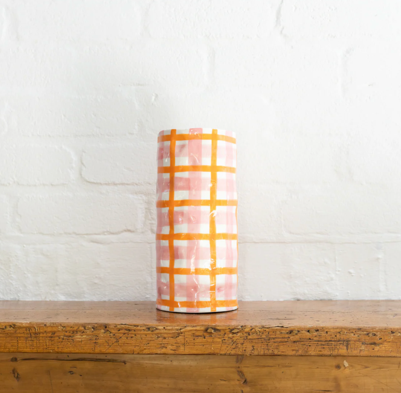 Large Vase - Pink + Orange Stripe Gingham