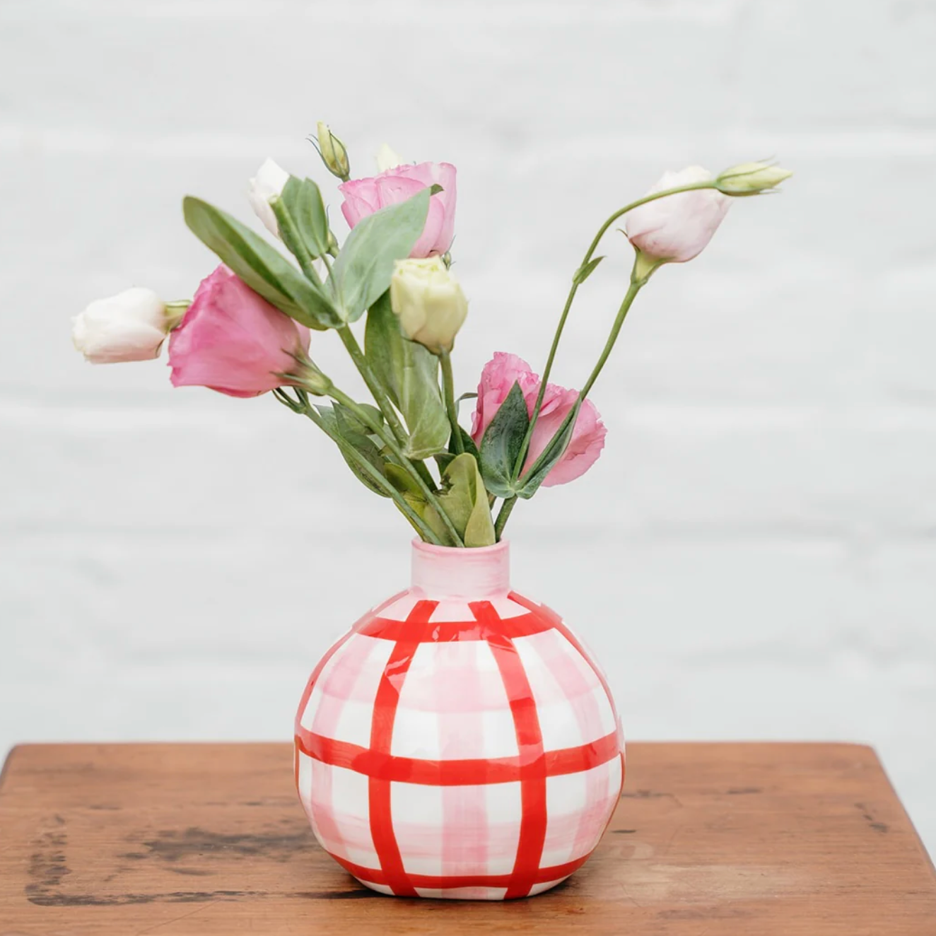 Round Bud Vase - Pink & Red Gingham