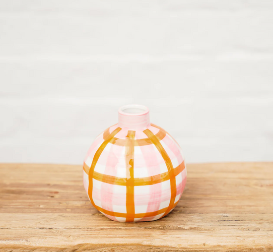 Round Bud Vase - Pink & Orange Gingham