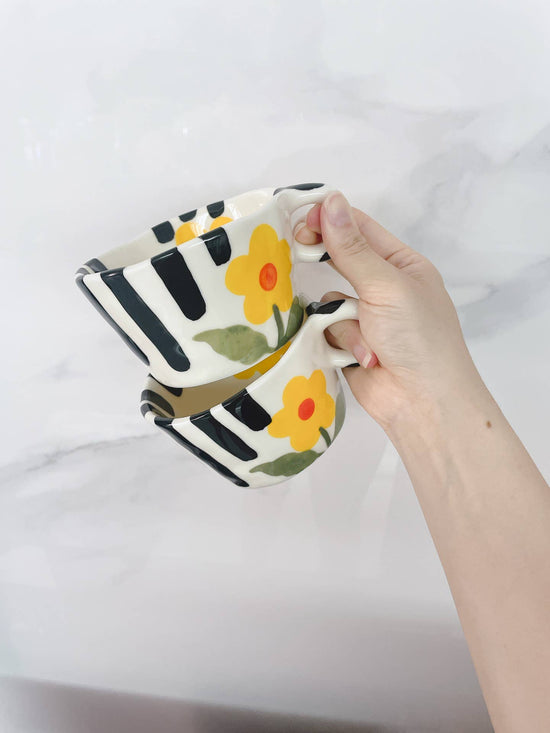 "Daisy" Handpainted Black Stripe Yellow Flower Ceramic Mug
