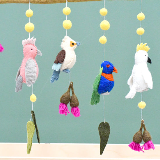 Baby Nursery Mobile Hanging - Australian Birds - Cockatoo, Lorikeet, Galah and Kookaburra